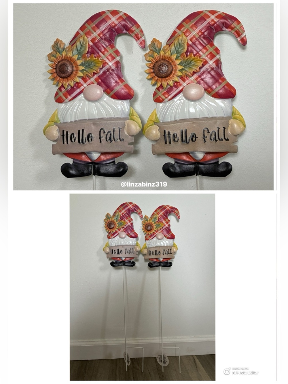 NWT- Set of 2- Hello Fall - Gnome Metal Yard or Garden Stakes 🌻